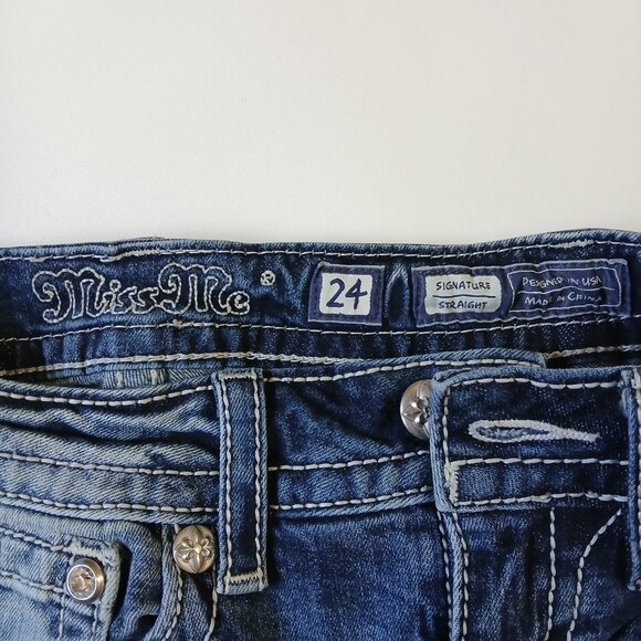 Miss Me Signature Straight Leg Jeans Size 24 Distressed Rhinestone Sequin Pocket - Picture 13 of 16